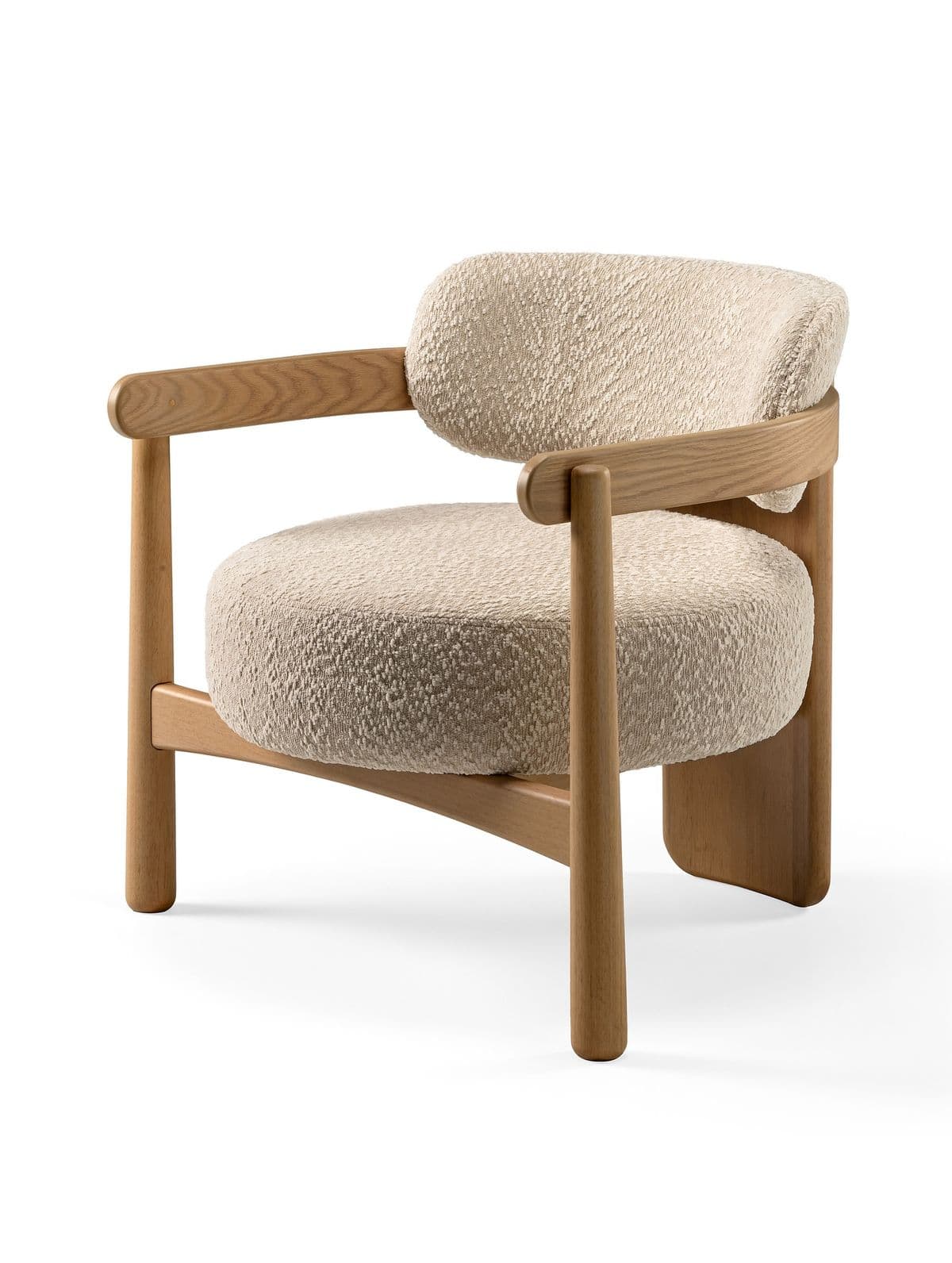 A modern armchair with a rounded backrest and seat upholstered in a textured, boucle-like fabric. The frame is constructed from light-colored wood with a natural finish, featuring cylindrical legs and armrests that connect to a solid wooden base. The design blends organic shapes with clean lines. — 3D model