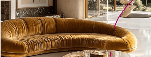 A crescent-shaped sofa featuring deep channel tufting, upholstered in a rich golden-brown velvet fab… — free STL 3D model