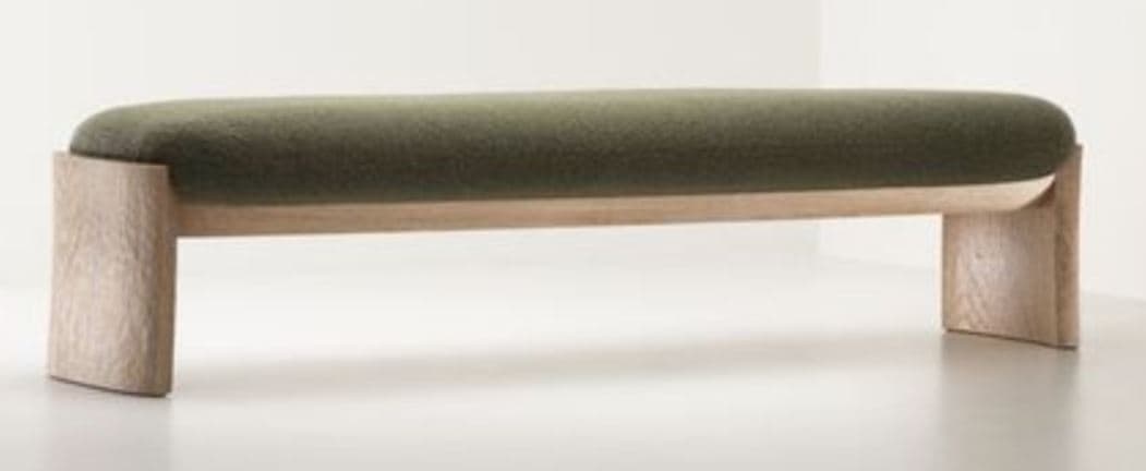 A modern upholstered bench featuring a minimalist light wood frame with rounded edges, supporting a thick, dark olive-green fabric cushion. The design emphasizes clean lines and a contemporary aesthetic, making it suitable for various interior settings. — 3D model