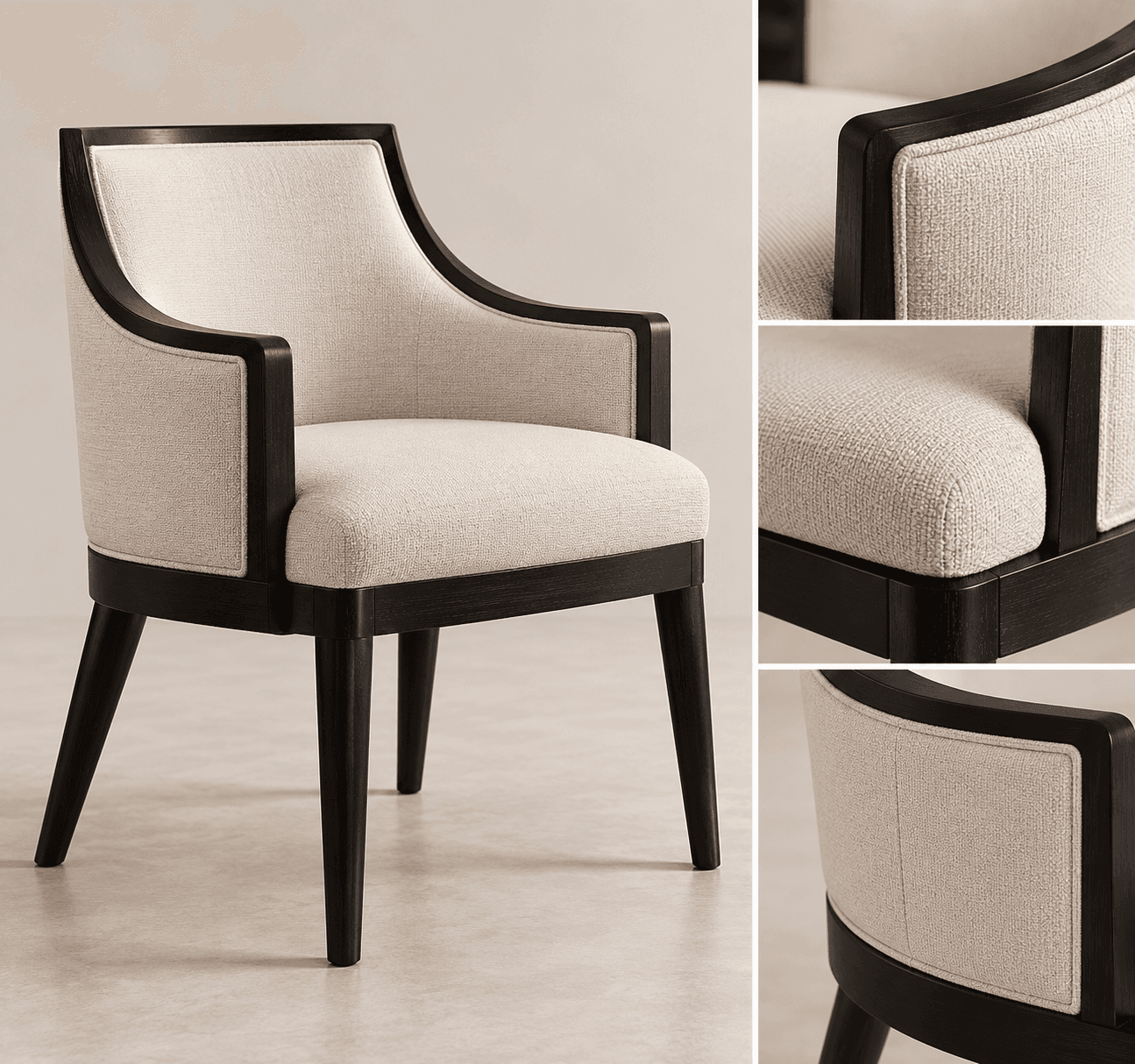 An elegant upholstered armchair featuring a dark wood frame with a light-colored fabric. The chair has a curved backrest that seamlessly integrates with the armrests. It stands on four tapered legs. — 3D model