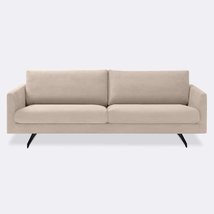 A two-seater sofa with upholstered cushions and slender black metal legs. The sofa features clean lines and a contemporary design, with a low profile and slightly angled armrests. The upholstery appears to be a light-colored, textured fabric. — 3D model
