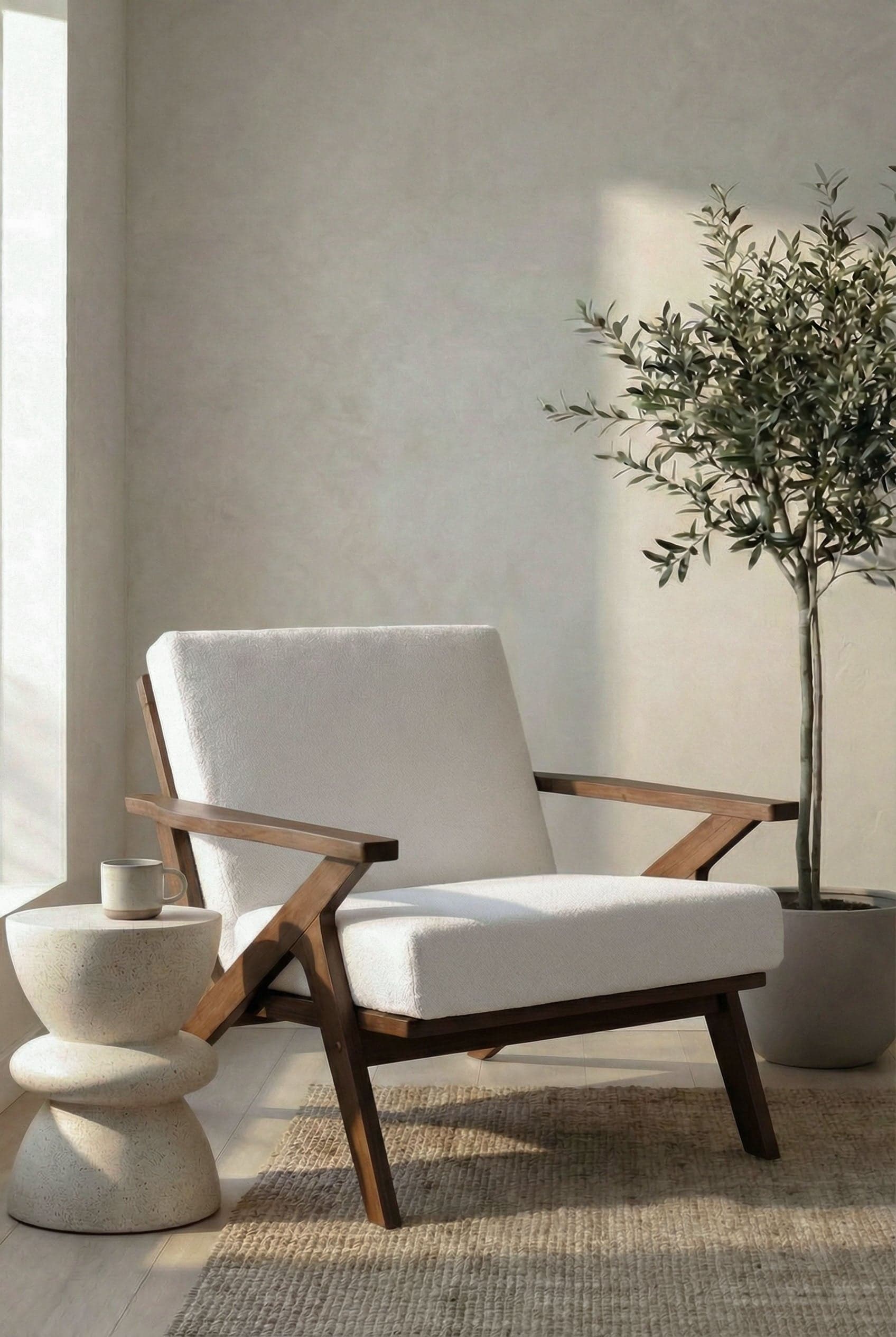 A modern armchair with a wooden frame and upholstered seat and back. The frame features angled legs and armrests, characteristic of mid-century modern design. The upholstery is a textured, light-colored fabric. — 3D model