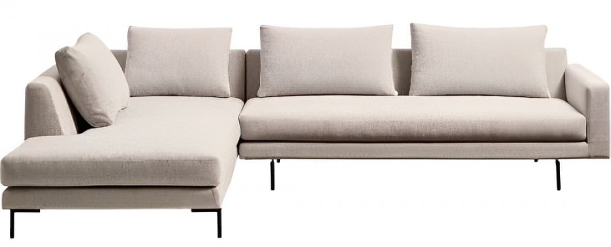A modern L-shaped sectional sofa with a left-hand facing chaise, upholstered in a light beige textured fabric. It features a low profile, detached seat and back cushions, and slender black L-shaped metal legs. — 3D model