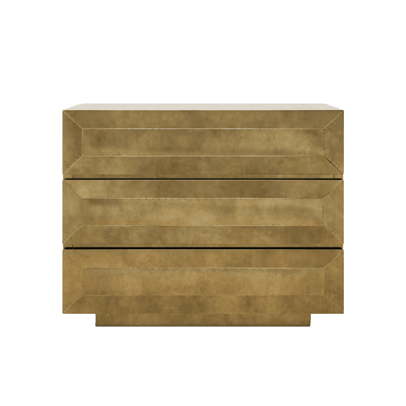 A contemporary three-drawer dresser featuring a striking brass finish and a distinctive geometric de… — 3D model