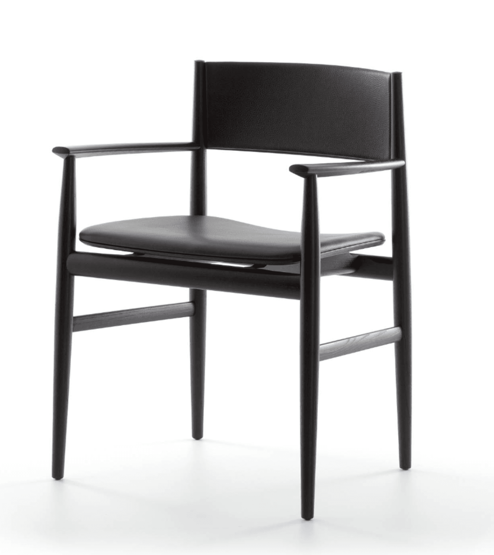 This is a Hans Wegner CH26 chair, characterized by its distinctive wooden frame and woven paper cord seat, though this particular model features a leather upholstered seat and back. The chair's construction emphasizes clean lines and natural materials, showcasing a blend of Danish Modern design principles. It features elegantly tapered legs, a gently curved backrest, and integrated armrests that flow seamlessly from the frame. The dark finish on the wood provides a sophisticated contrast to the black leather upholstery, creating a timeless and versatile piece of furniture. — 3D model