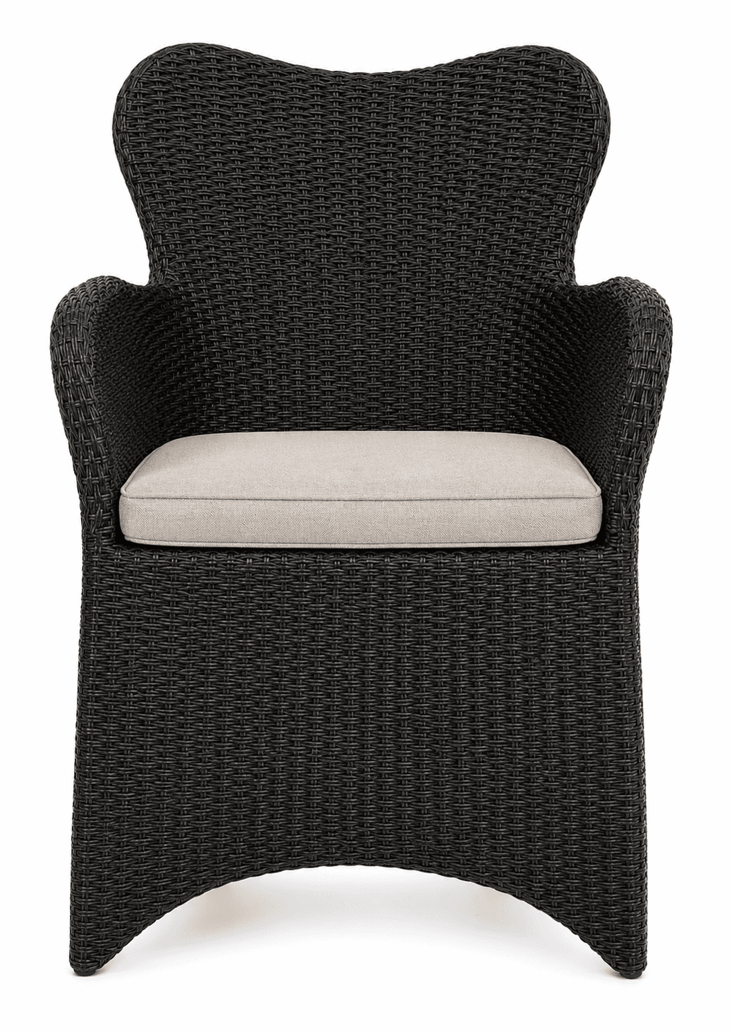 A dark brown (almost black) woven armchair with a distinctive curved back and integrated armrests, featuring a light beige, rectangular seat cushion. The entire body of the chair, including its subtly flared base, is constructed from a tightly woven material. — 3D model