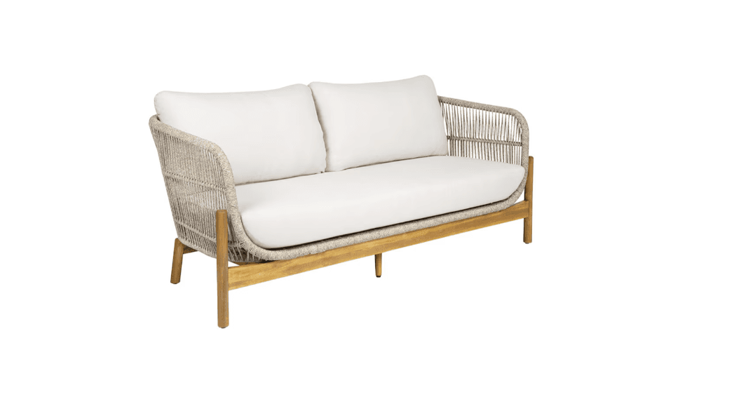 A two-seater sofa with a woven rope exterior on the arms and back, and a wooden frame. It features a low profile and comes with white cushions for the seat and back. — 3D model