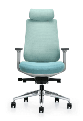 A modern ergonomic office chair with a high back, integrated headrest, and padded seat. It features adjustable armrests, a wheeled base for mobility, and a tilt mechanism. The seat and backrest are upholstered in a textured mesh fabric, and the seat cushion is made of a denser upholstered material. — 3D model
