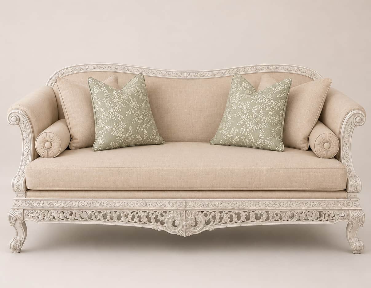 An elegantly carved daybed in a Rococo or French Provincial style, featuring a light beige upholster… — 3D model