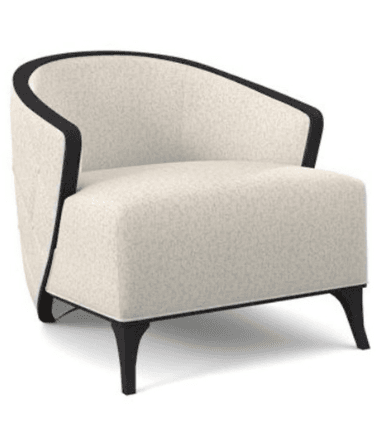 An upholstered club chair featuring a contemporary design with a distinctive curved back, accented by a contrasting black trim, and supported by tapered black legs. — 3D model