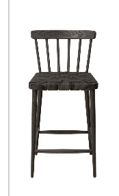 A dark wood bar stool featuring a spindle backrest and a woven seat, supported by four tapered legs with integrated footrests. — 3D model
