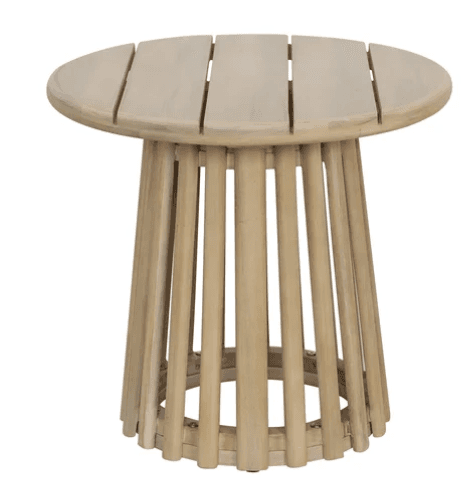 A round side table constructed from light-toned wood. It features a circular top made of evenly spaced wooden slats and a tapered base composed of numerous vertical wooden dowels or slats, creating a slatted, cylindrical form. The light wood finish emphasizes its clean, modern aesthetic. — 3D model