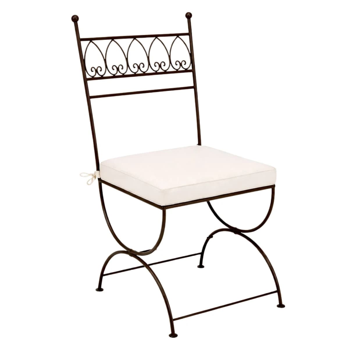 A dark brown metal side chair with a padded white cushion. The chair features decorative scrollwork and arched legs. The backrest has a series of arched motifs with scroll accents. A white cushion is secured to the seat. — 3D model