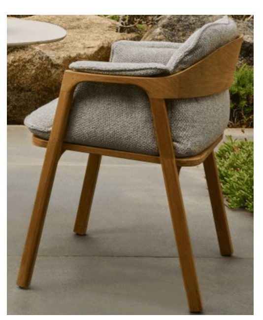 A modern armchair with a wooden frame and upholstered seat and backrest. The frame is constructed from light-colored wood, exhibiting a natural grain. The seat and backrest are covered in a textured, light gray fabric, with padded cushioning for comfort. The armrests are integrated into the wooden frame, continuing the line from the backrest to the front legs. — 3D model