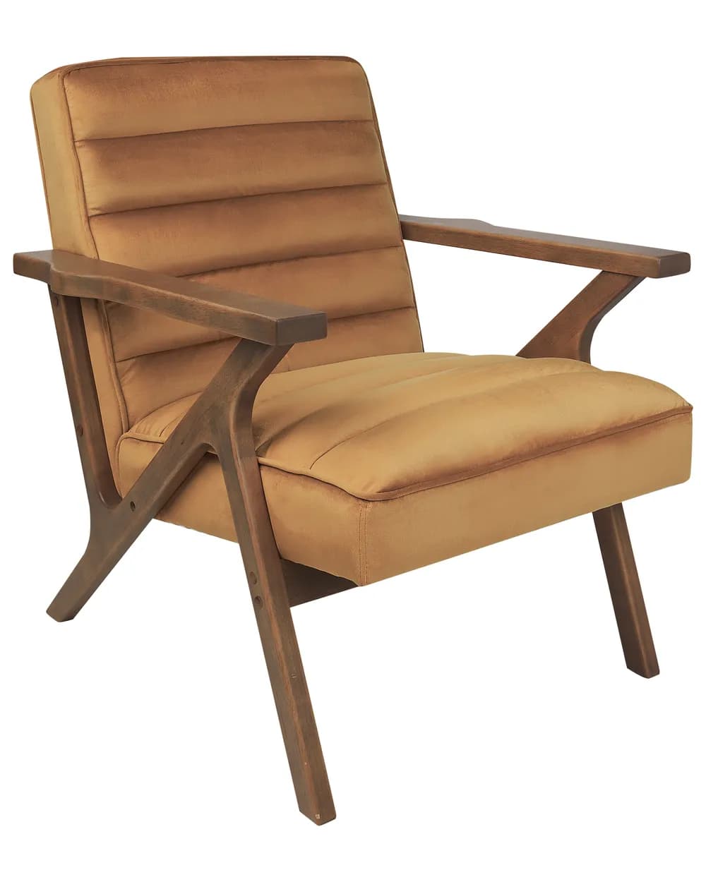 A modern or mid-century style armchair featuring a warm camel-colored velvet upholstery and an exposed dark wood frame. The backrest shows horizontal channel tufting, and the seat is a single, thick cushion. The armrests are flat and integrate with the angled wooden legs, which are splayed slightly for stability. The overall design emphasizes clean lines and a comfortable, inviting appearance. — 3D model