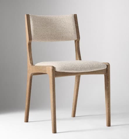 A modern dining chair with a solid wood frame and upholstered seat and backrest. The chair features a gently curved back and tapered legs, suggesting a contemporary or minimalist design aesthetic. The upholstery appears to be a textured boucle fabric. — 3D model
