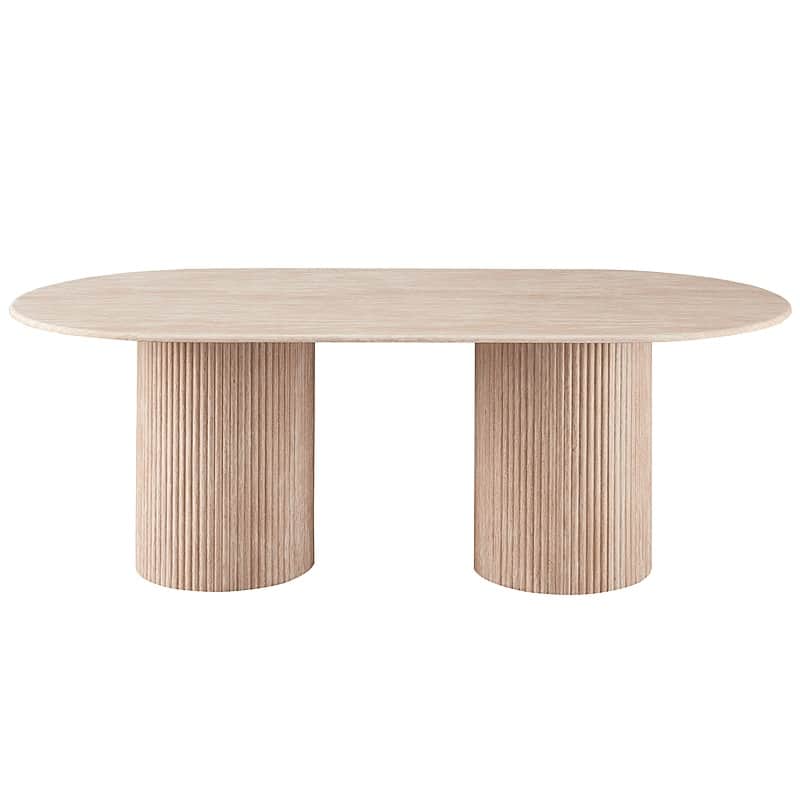 An oval dining table with a light-colored wood finish. It features two cylindrical pedestals as legs… — 3D model