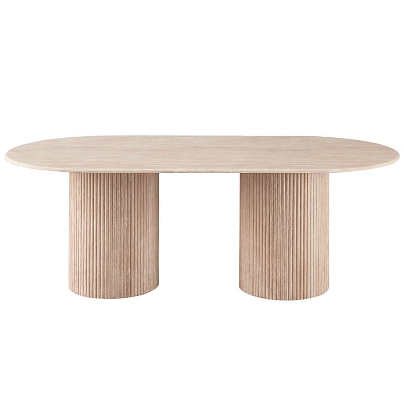 An oval dining table with a light-colored wood finish. It features two cylindrical pedestals as legs, each with a vertically fluted texture. The tabletop has rounded edges. — 3D model