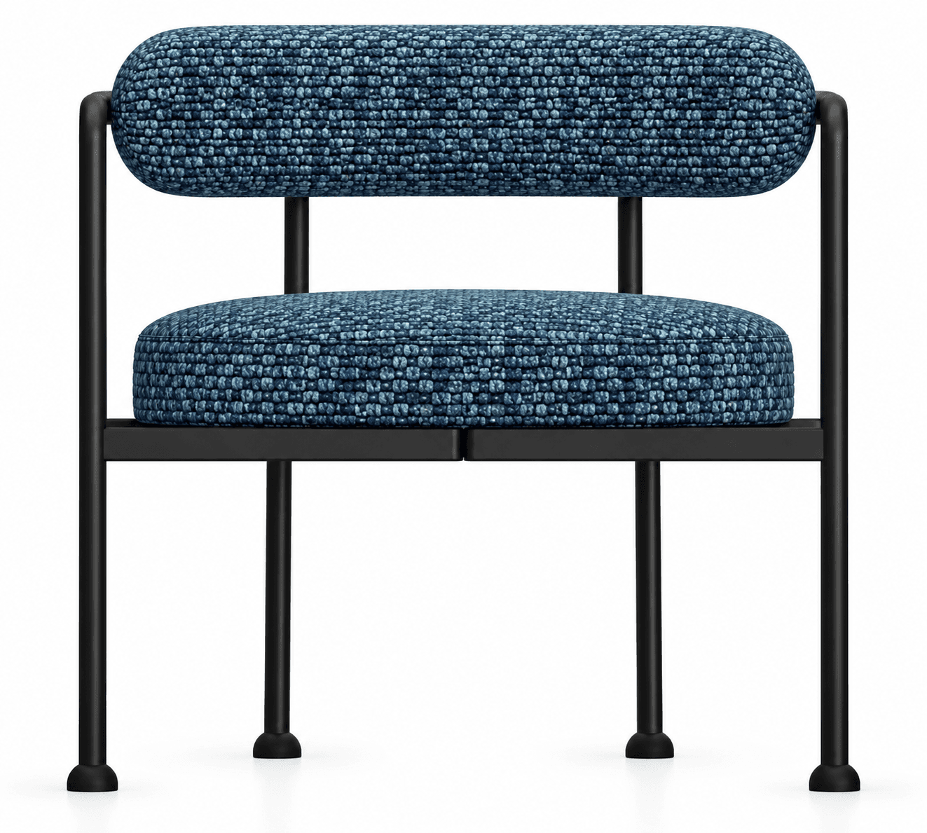 An armless modern dining chair featuring a minimalist black metal frame and two distinct, rounded cylindrical cushions for the seat and backrest. The cushions are upholstered in a textured, multi-tonal blue fabric, resembling a boucle or weave. The frame includes four slender legs with integrated foot glides and supports the seat and backrest structure. — 3D model