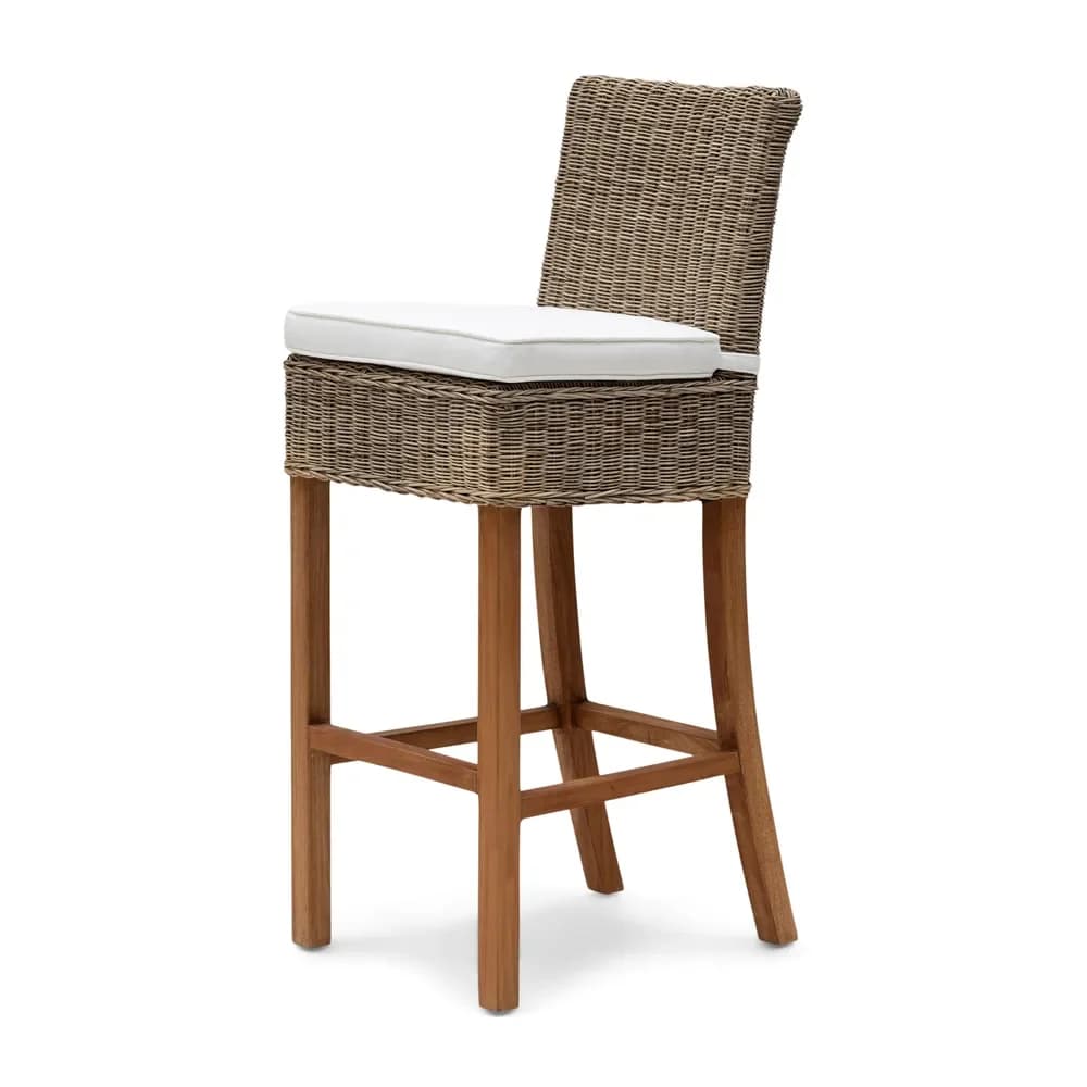 A counter-height bar stool featuring a hand-woven rattan body for the seat and backrest, complemented by sturdy wooden legs and a removable white fabric cushion. — 3D model