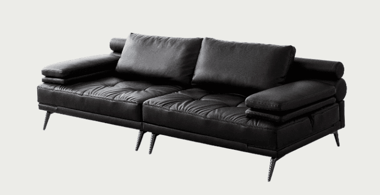A modern black leather two-seater sofa featuring plush back cushions, slightly tufted seat cushions, and distinctive rolled or cylindrical armrests. The sofa is supported by slender, angled metal legs. — 3D model