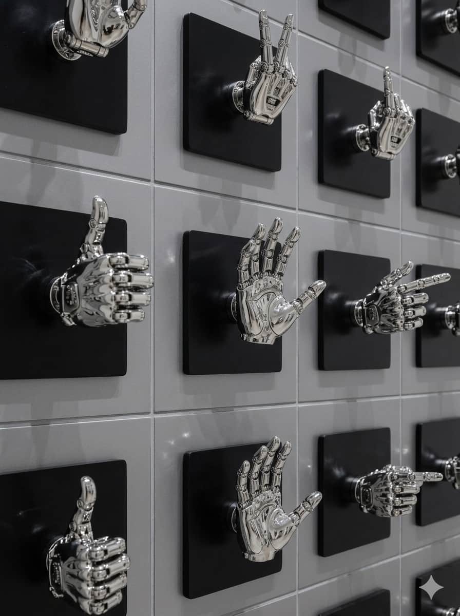 A collection of individual wall-mounted decorative objects, each depicting a chrome-plated robot han… — 3D model