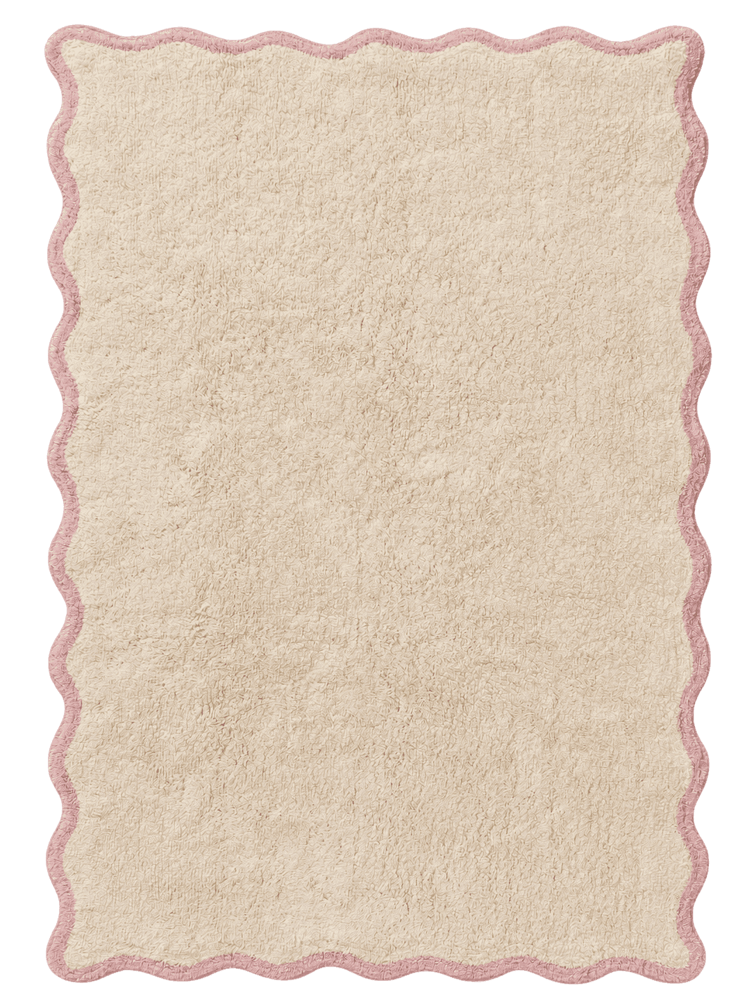 A rectangular area rug featuring a soft beige pile and a distinctive pink scalloped border. The desi… — 3D model