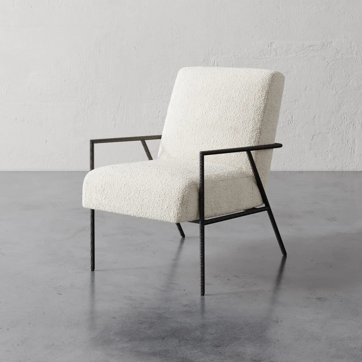 A modern armchair featuring a textured boucle fabric upholstery in off-white. The chair has a high back and integrated armrests. It is supported by a slender, dark metal frame with thin legs and a minimalist aesthetic. — 3D model