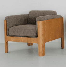 A modern lounge armchair featuring a minimalist design with a light-toned wooden frame and light gre… — free BLEND 3D model
