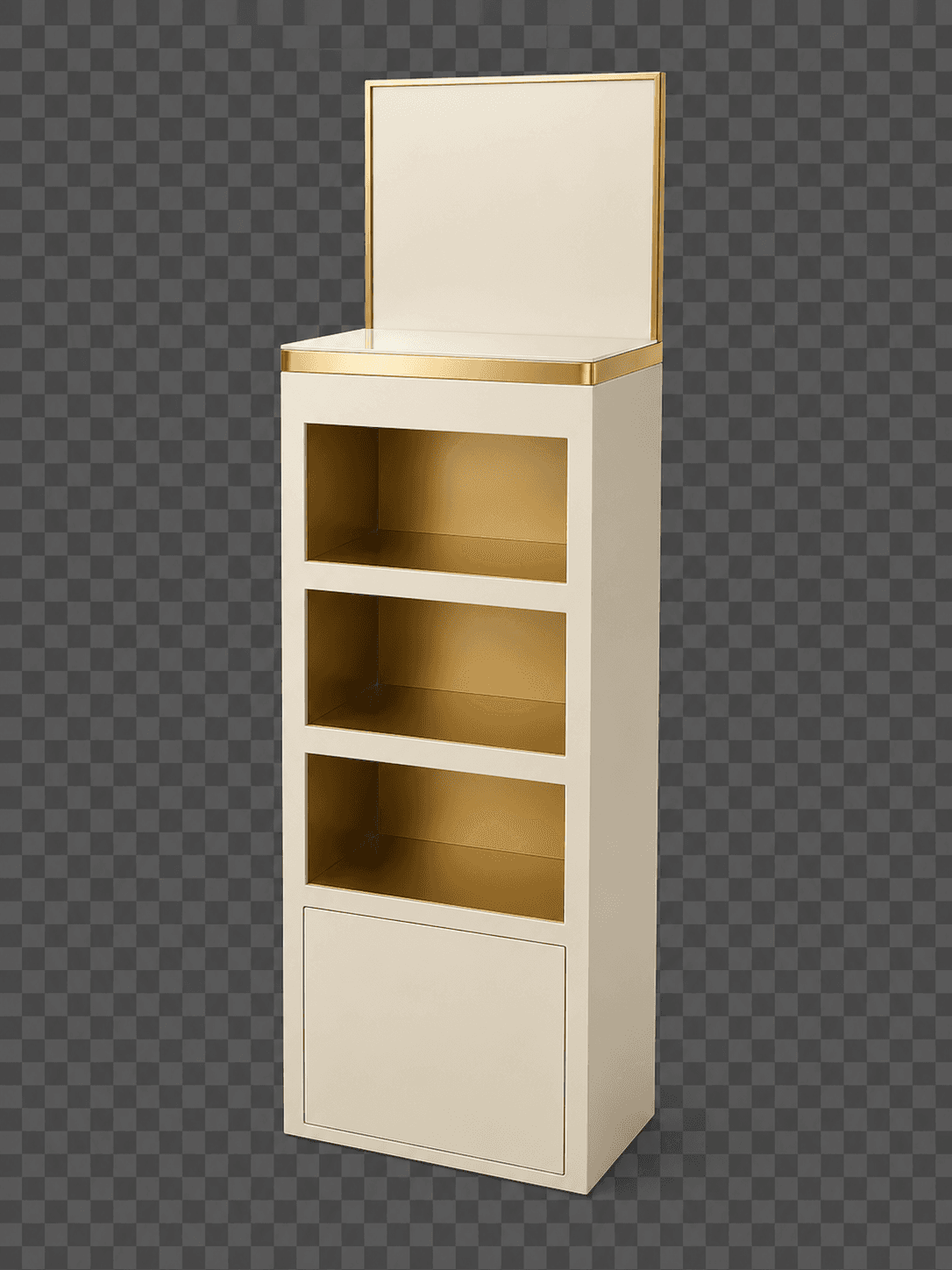 A tall, narrow retail display unit featuring cream lacquered panels, three open display shelves with gold interiors, a concealed storage cabinet at the base, and a top panel framed in gold for signage. — 3D model