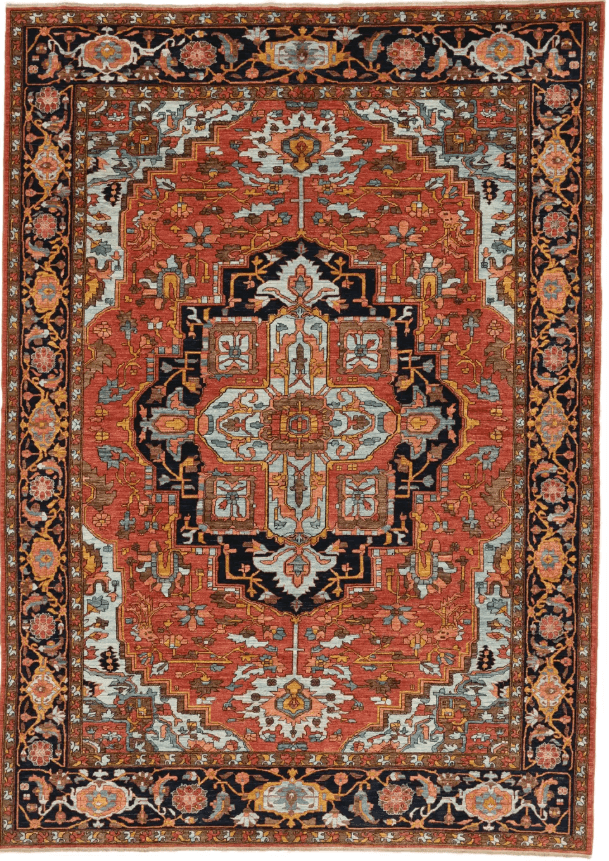 A rectangular rug with a complex central medallion design surrounded by intricate floral and geometric patterns. The rug features a dark border with a repeating motif. The color palette is dominated by shades of rust orange, deep blue, and light blue, with accents of yellow and cream. — 3D model