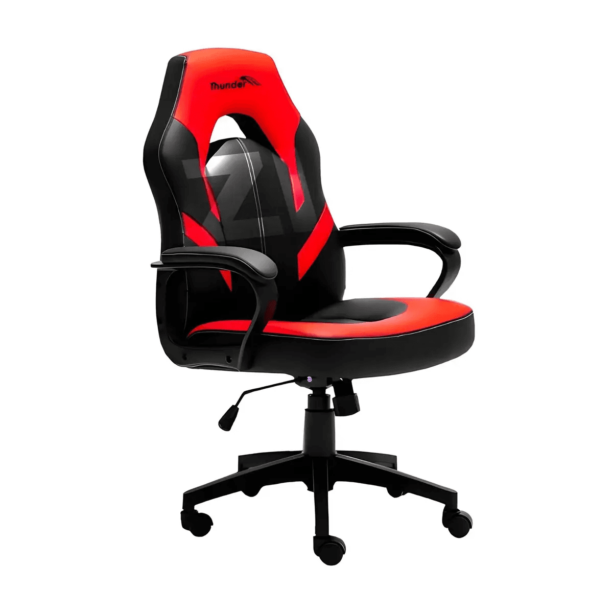 A high-back gaming chair featuring a black and red color scheme. The chair has a racing-style design with prominent side bolsters on the backrest and seat, an open headrest area, and what appears to be integrated lumbar support. It sits on a black five-star base with casters, indicating mobility. There is a lever for height adjustment. The armrests are fixed and padded. — 3D model