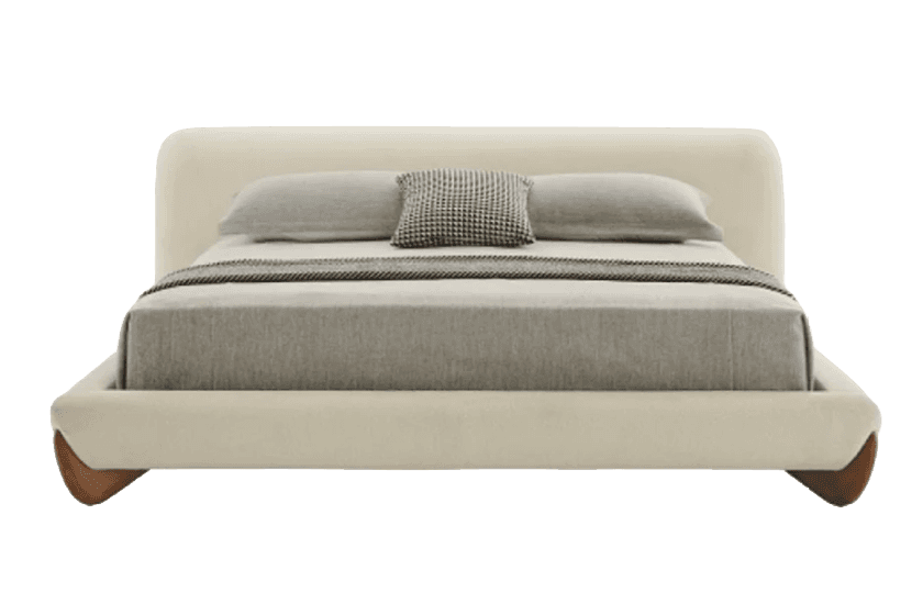 A contemporary platform bed with a curved headboard and a low-profile frame. The bed is upholstered… — free OBJ 3D model
