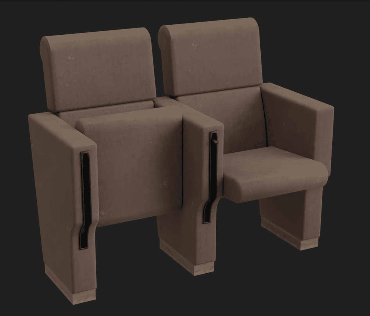 A two-seater auditorium seating unit featuring individual, upholstered brown seats with integrated a… — 3D model