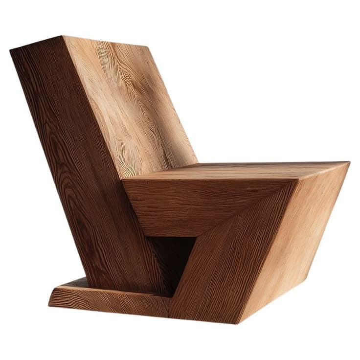 A geometrically abstract chair constructed from wood. The design features sharp angles and planes, with the seat and backrest forming a continuous, angular form. The material exhibits prominent wood grain patterns. — 3D model
