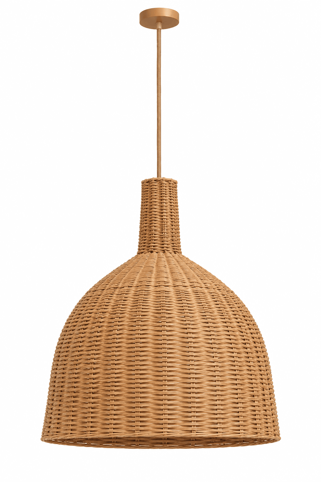A bell-shaped pendant light featuring a shade made from intricately woven natural rattan. The shade… — 3D model