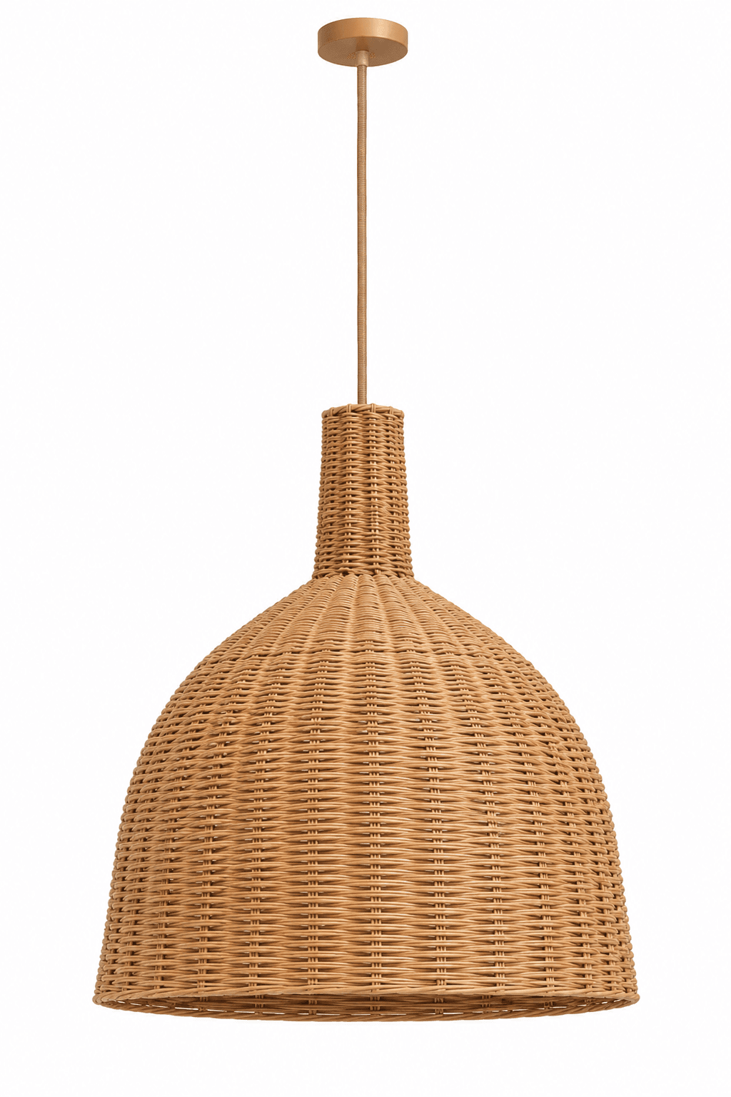 A bell-shaped pendant light featuring a shade made from intricately woven natural rattan. The shade tapers to connect to a straight suspension rod and a circular ceiling canopy, both finished in a light gold-toned or tan color. The overall aesthetic is natural and bohemian, providing diffused light through its woven texture. — 3D model