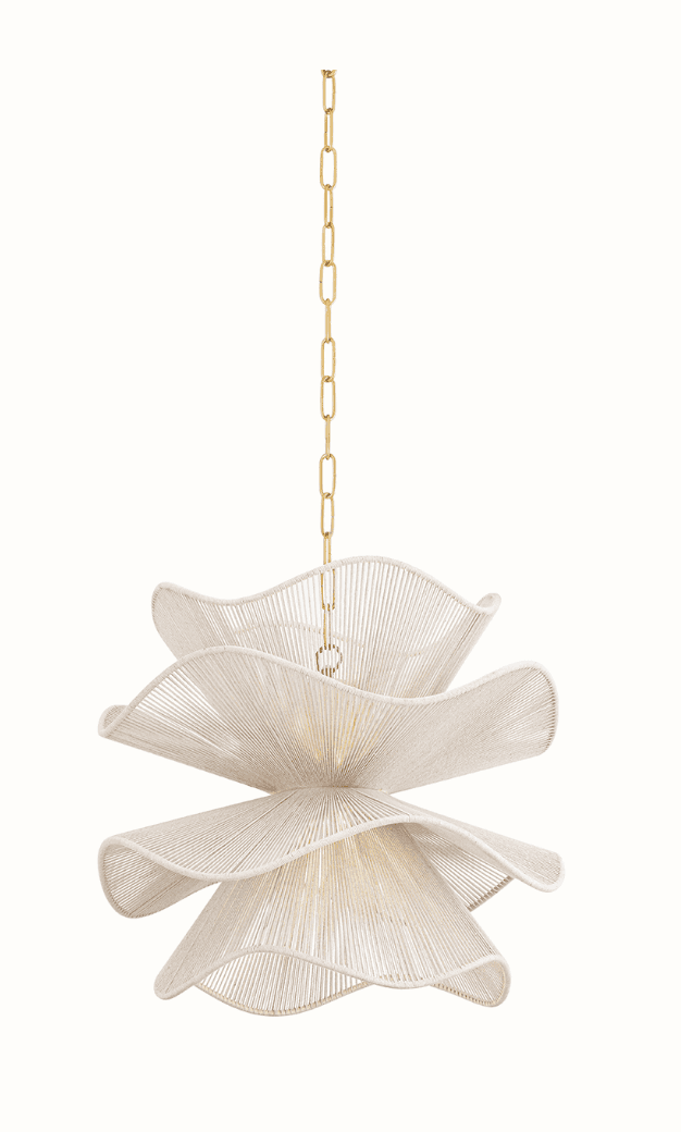 A multi-tiered hanging light fixture featuring an intricate design crafted from woven white rope, su… — 3D model