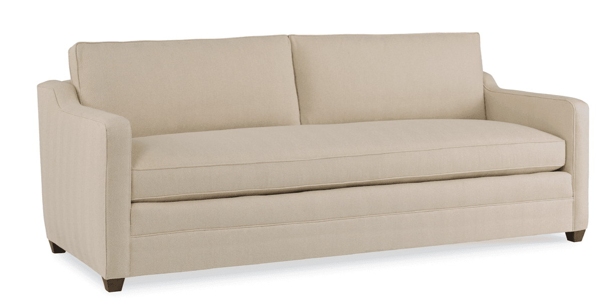 A contemporary two-seat sofa, or loveseat, upholstered in a light beige fabric with a subtle herringbone-like texture. It features clean lines, track arms that gently curve outwards at the top, and two loose back cushions paired with two loose seat cushions. The sofa sits on four small, tapered, dark-stained wooden legs. — 3D model