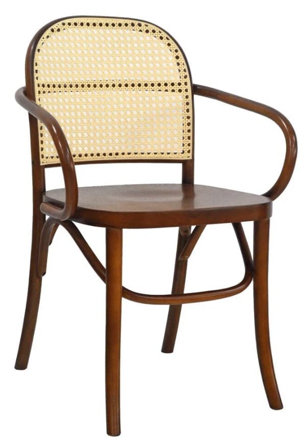 A classic bentwood armchair featuring a dark brown wooden frame, a cane-webbed backrest, and a solid wood seat. The frame exhibits distinctive steam-bent curves, particularly in the armrests and leg structure. The backrest is gently curved, providing ergonomic support, and the cane insert adds a textural and traditional element. — 3D model