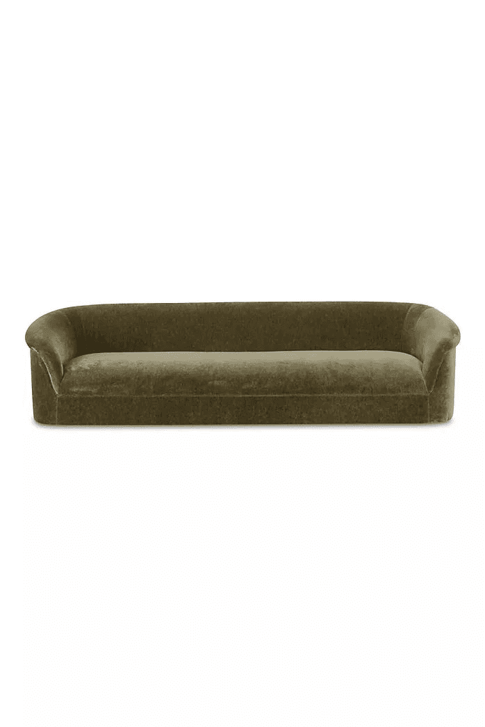 A contemporary three-seater sofa upholstered in a plush olive green velvet fabric, featuring a low-p… — 3D model