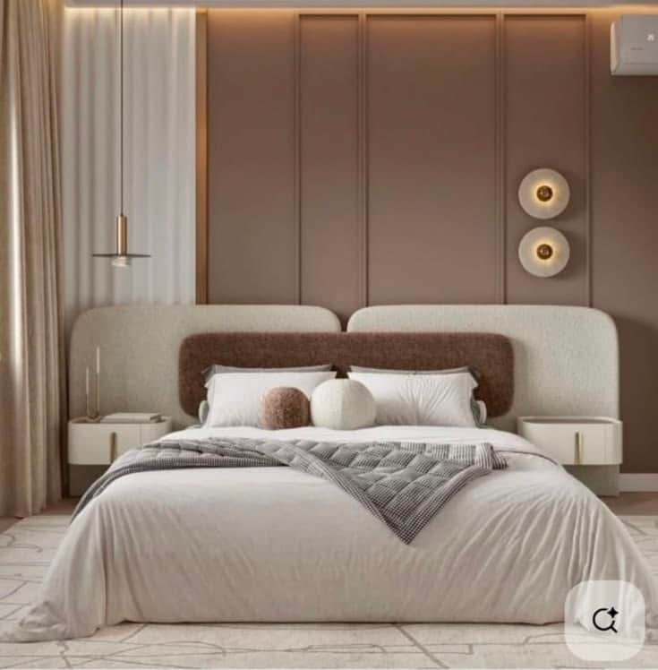 A modern platform bed ensemble featuring a wide, upholstered headboard with an integrated design tha… — 3D model