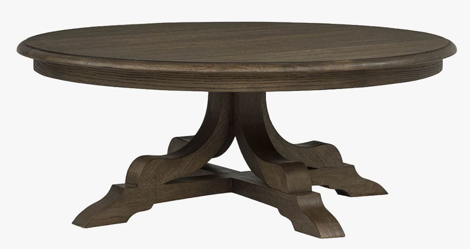 A dark brown, round dining table featuring a robust pedestal base. The tabletop appears to be constructed from wood planks, finished with a dark, rich stain that highlights the wood grain. The edge of the tabletop is gently rounded. The base consists of a central column from which four substantial, gracefully curved legs extend outwards, providing stability and a traditional aesthetic. The legs are joined at the center and flare out with decorative carving, ending in broad, stable feet. — 3D model