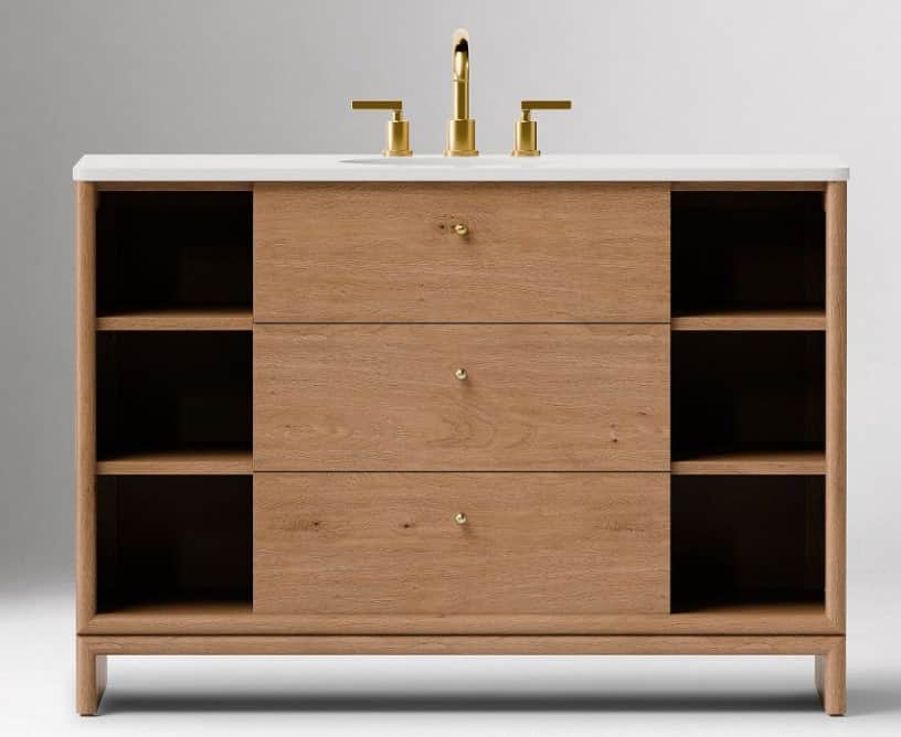 A wooden vanity unit with a white countertop, featuring three drawers and open shelving on either si… — 3D model