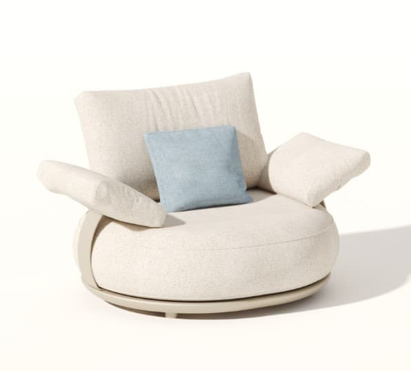 A modern armchair with a rounded, upholstered base and seat. It features two wide, padded armrests and a tall, upholstered back cushion. A smaller, square light blue cushion is placed on the seat. The armchair is supported by a subtle, light-colored frame that appears to be metal or composite, with a circular base. — 3D model