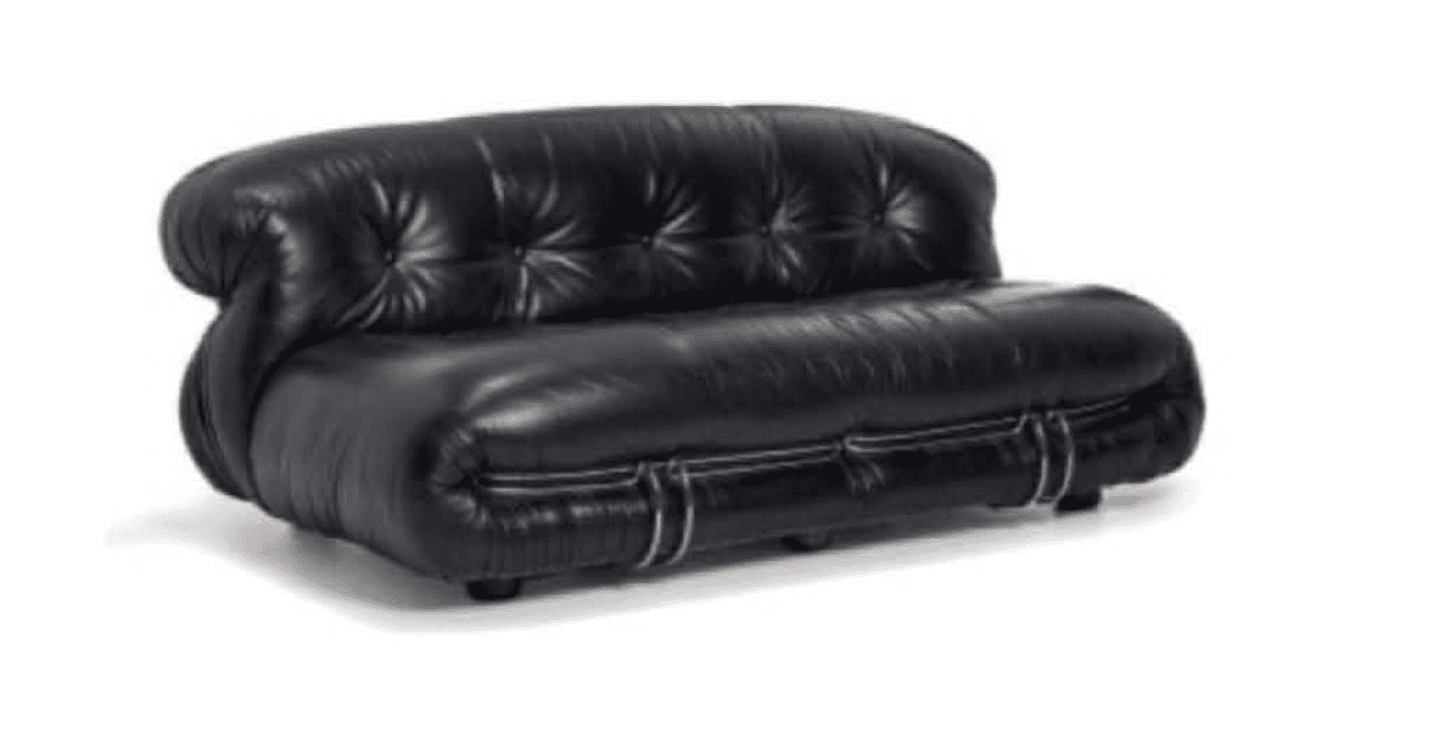 A low-profile, two-seater sofa upholstered in black leather. The sofa features a distinctive tufted… — free GLTF 3D model