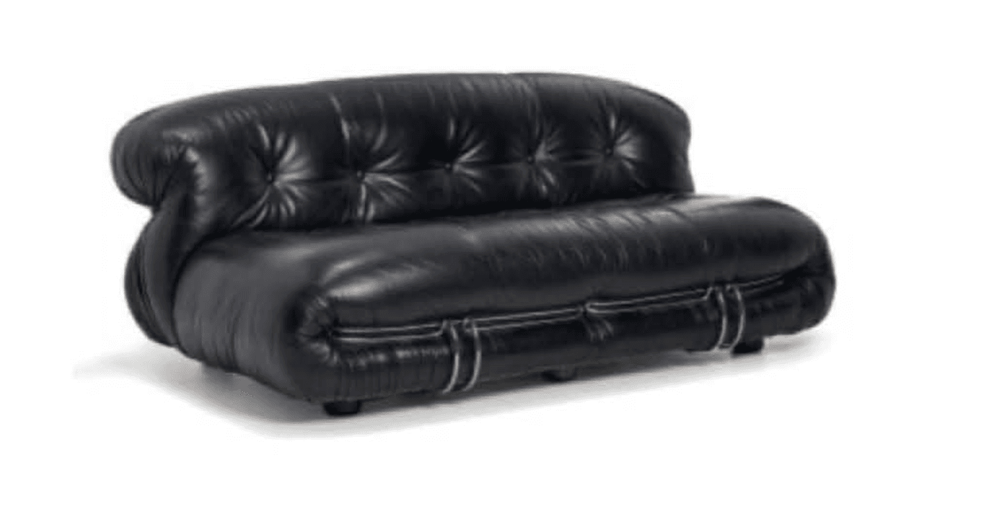 A low-profile, two-seater sofa upholstered in black leather. The sofa features a distinctive tufted design on the backrest and seat cushions, creating a quilted appearance. The armrests and sides are bulbous and rounded, giving a plush, inviting look. White stitching accents the edges and provides a visual contrast. The sofa is supported by short, dark legs. — 3D model