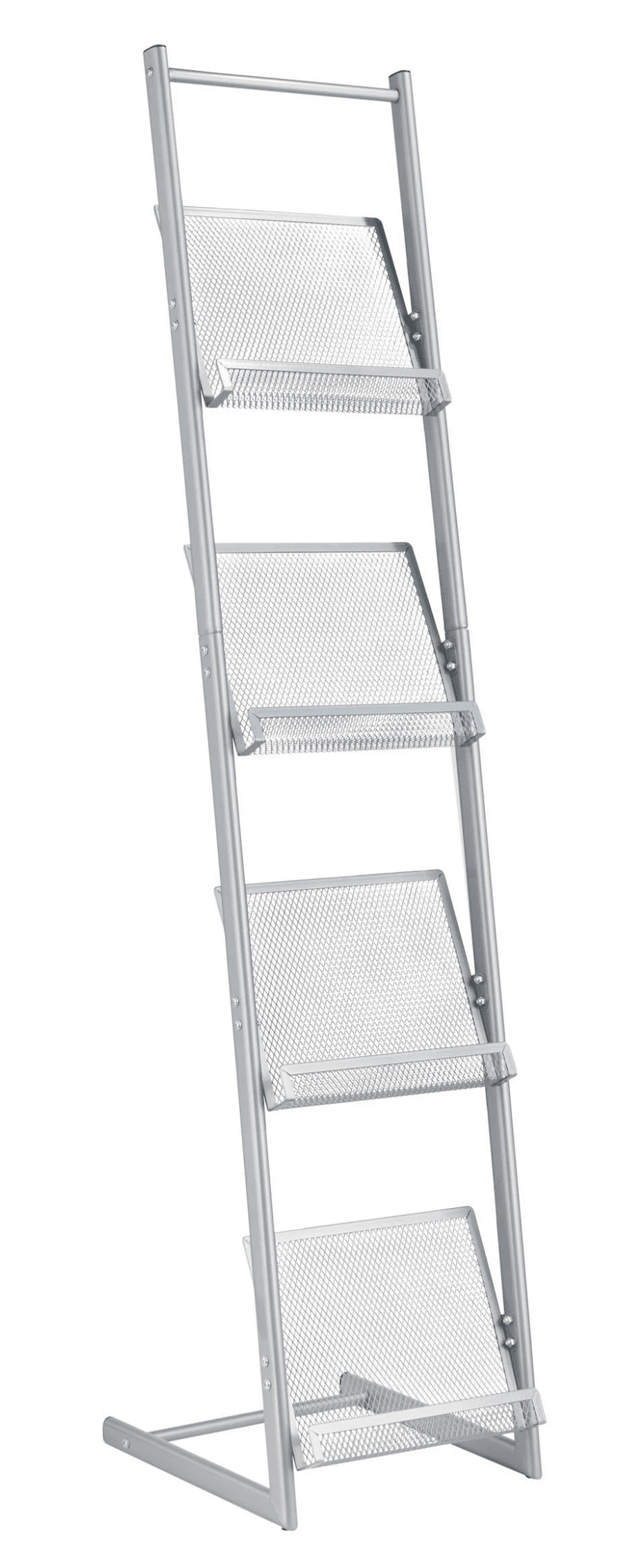A silver-colored, four-tier freestanding display rack constructed from metal tubing and expanded metal mesh. It features four inclined pockets designed to hold magazines or literature, supported by a two-post frame that leans back onto a wide base for stability. The overall finish is a matte silver or gray. — 3D model