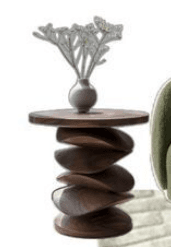 A unique end table with a circular top and a base composed of stacked, organically shaped wooden elements. A small, light-colored vase with decorative branches sits on the table. — 3D model