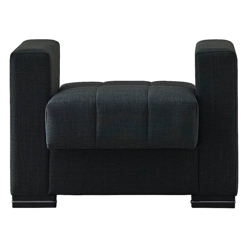 A modern upholstered bench featuring a channel-tufted seat and prominent, rectilinear arm-like structures on either side. The fabric is a dark grey or charcoal woven texture, and the base includes a silver or chrome metallic trim. — 3D model